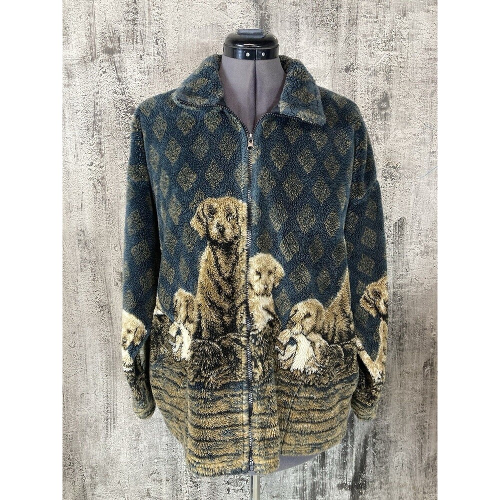 Mazmania Dogs Puppies VTG 90s Fleece Jacket Sherpa Blue Outdoors USA Medium
